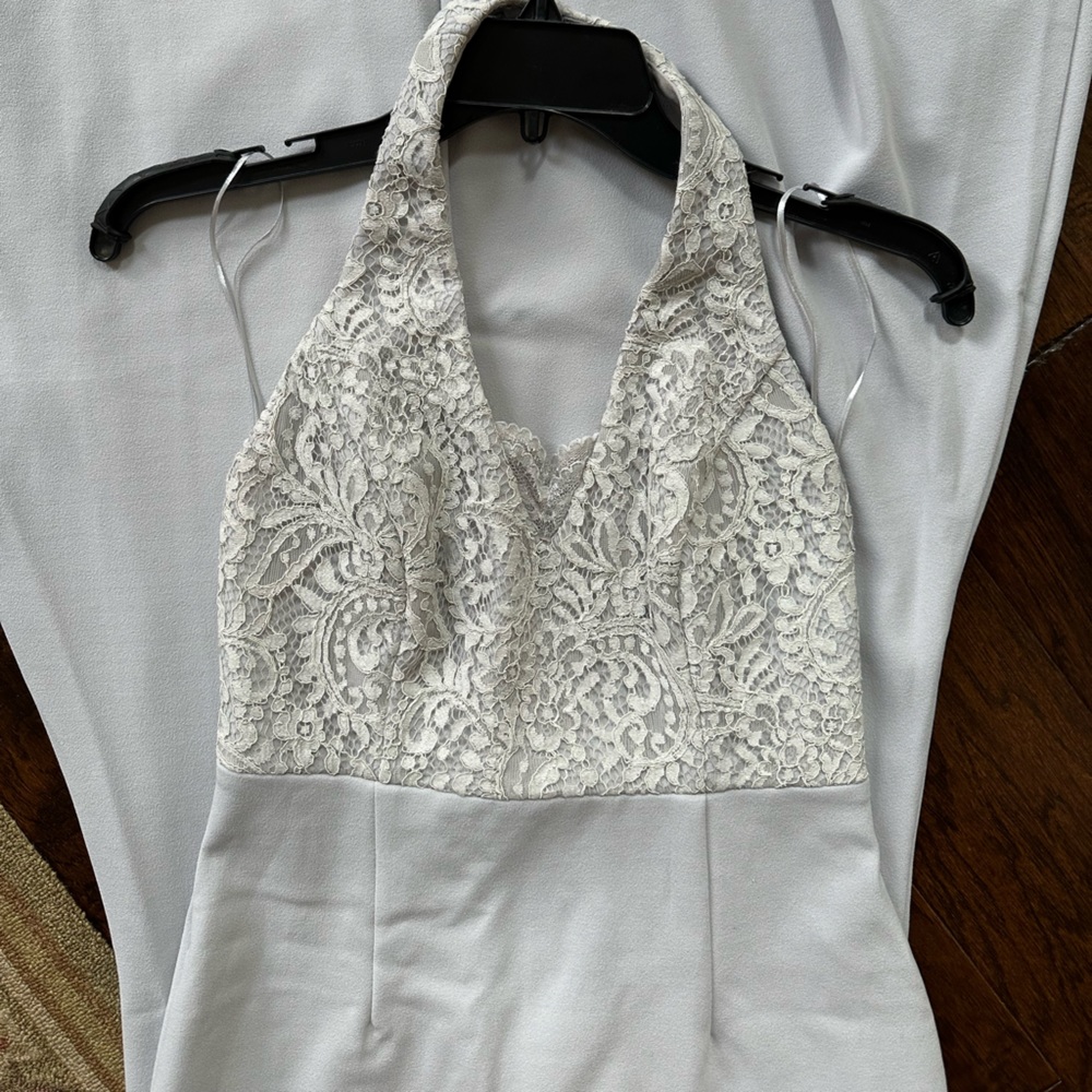 LULUS Blue Grey Lace Jersey Material Long Dress Halter Top - Picture 2 of 5